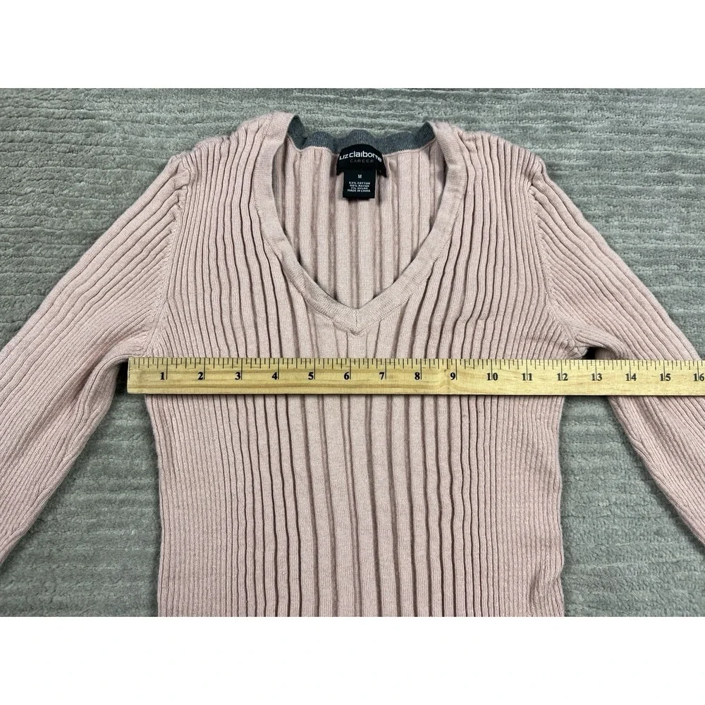 Liz Claiborne Sweater Womens Medium‎ Pink Stretch Longsleeve VNeck Ribbed Career